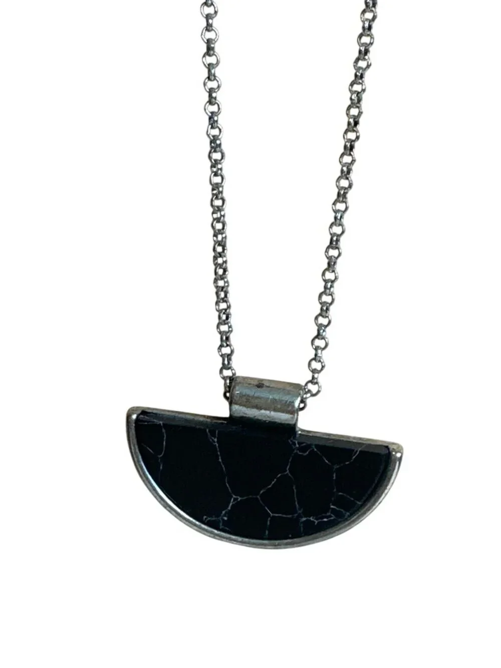 Silver Chain Necklace Black Crescent Stone Pendant & Crackle Design Elegant Chic